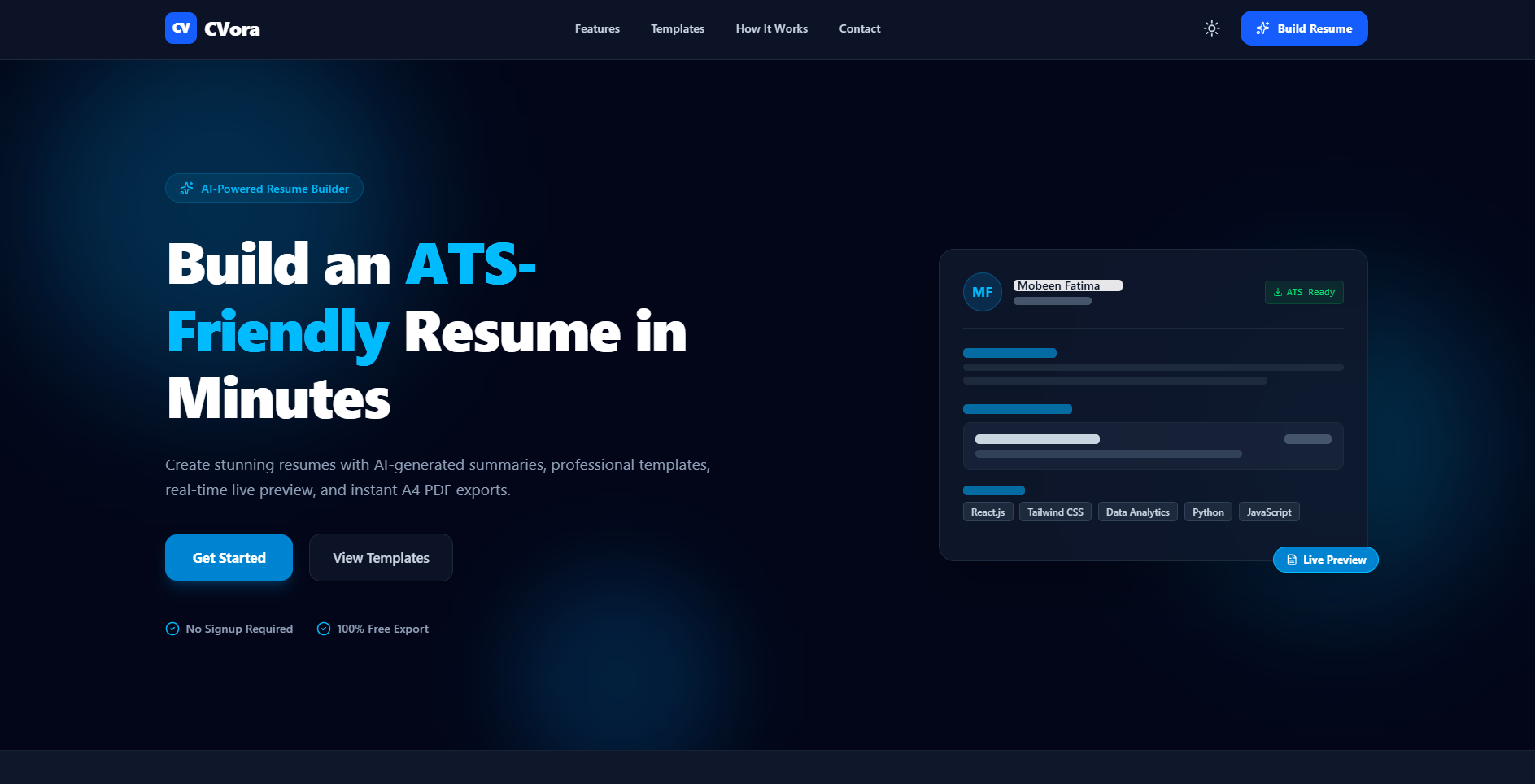 CVora resume builder project preview